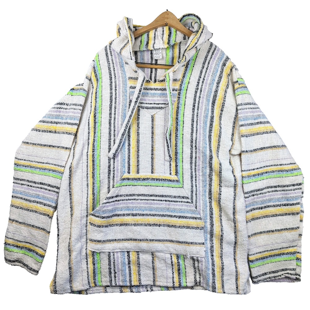 Molina Hoodie Mens XL Jerga Baja Mexican hand woven Poncho Striped Hippie Y2K